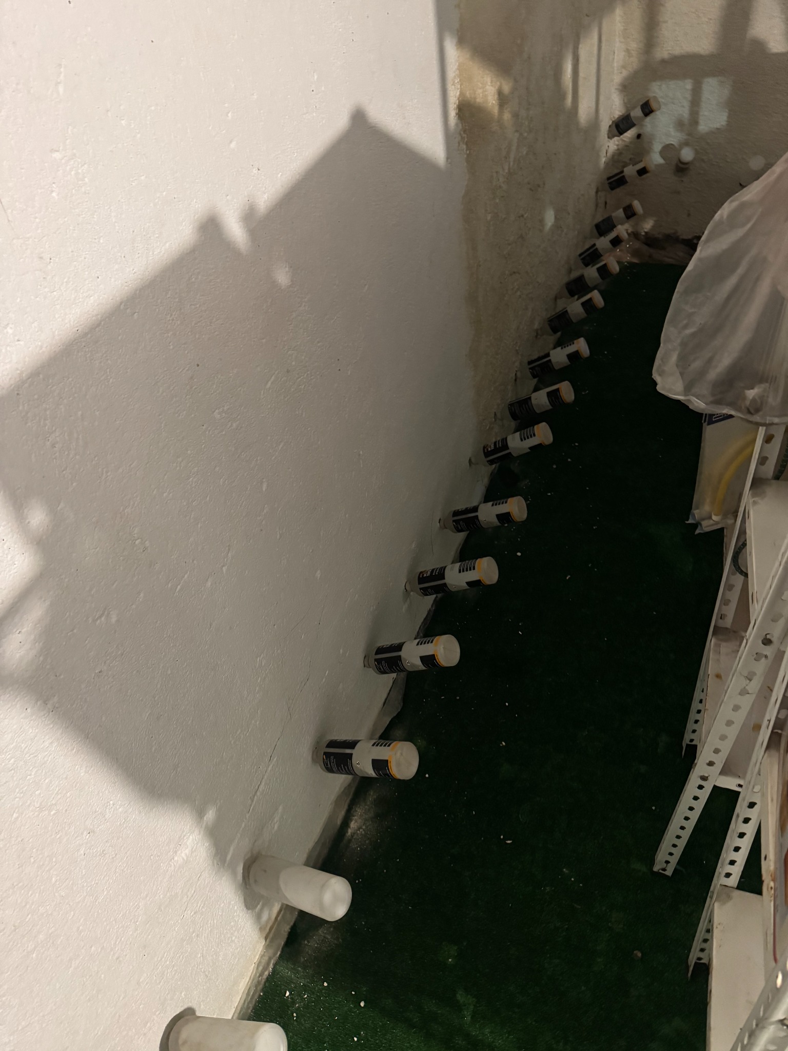 Iniekcja krystaliczna w ścianie piwnicy, widoczne nawiercone otwory z aplikatorami. Ściana z śladami wilgoci, zielona wykładzina podłogowa. Ujęcie z góry.