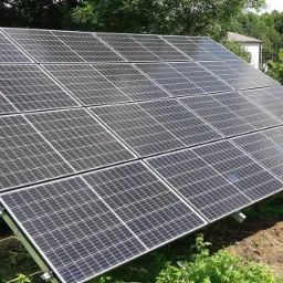 Nisko zawieszona instalacja paneli słonecznych na metalowej konstrukcji, widoczna na tle zieleni ogrodu i domu jednorodzinnego za ogrodzeniem z siatki.