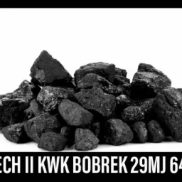 Kupa węgla typu orzech II na białym tle, z widoczną strukturą i połyskiem poszczególnych brył. W dolnej części kadru czarny pasek z tekstem informacyjnym o parametrach i cenie.