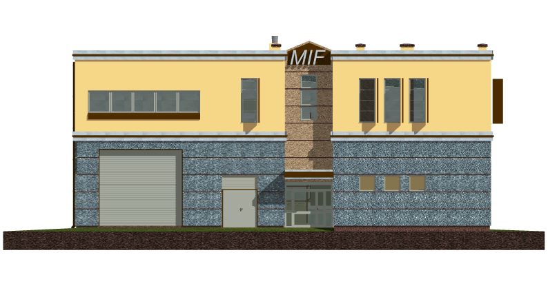 Wizualizacja budynku usługowego z garażem, elewacja w kolorze żółtym i szarym z elementami kamienia, z napisem MIF na szczycie.