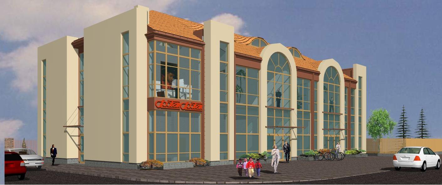 Wizualizacja budynku usługowego z dużymi oknami, brązową stolarką i pomarańczową dachówką, z widocznymi sylwetkami ludzi w oknach i na chodniku przed budynkiem, oraz samochodami na parkingu.