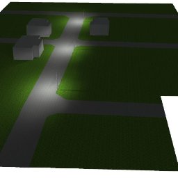 PM INSTALACJE Marcin Zimoch - Wizualizacja oświetlonej ulicy z domami i latarniami, widok z góry, symulacja oświetlenia nocnego, zielona trawa, szare drogi.