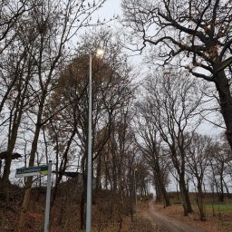 PM INSTALACJE Marcin Zimoch - Ulica w jesiennej scenerii z nową, świecącą latarnią uliczną i znakiem 'ul. Lawendowa', oświetlona w pochmurny dzień.