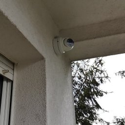 PM INSTALACJE Marcin Zimoch - Kamera monitoringu kopułkowa zamontowana na zewnątrz budynku, widok z dołu, ściana z fakturą, w tle widoczne drzewo i fragment krajobrazu.