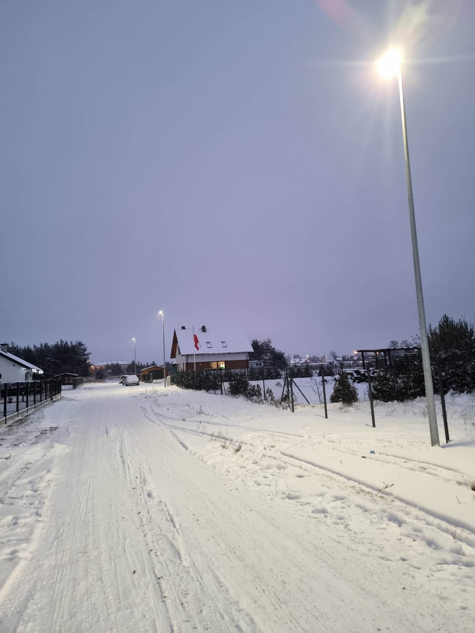 Zimowy krajobraz wiejski z oświetloną drogą, domami z flagami i śniegiem pokrywającym wszystko, sfotografowany w pochmurny dzień.