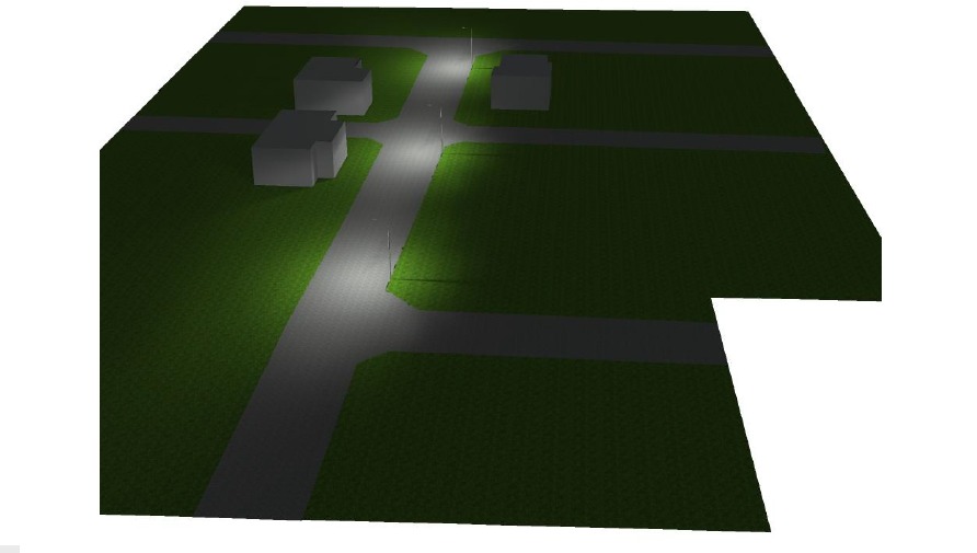 Wizualizacja oświetlonej ulicy z domami i latarniami, widok z góry, symulacja oświetlenia nocnego, zielona trawa, szare drogi.