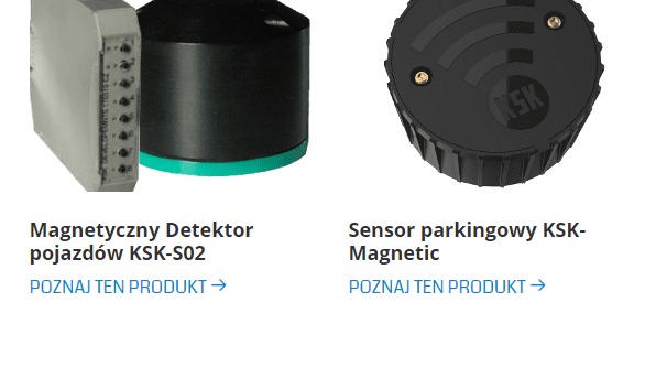 Magnetyczny detektor pojazdów KSK-S02 w szarej obudowie z widocznymi otworami, obok czarny sensor parkingowy KSK-Magnetic z logo na górze.
