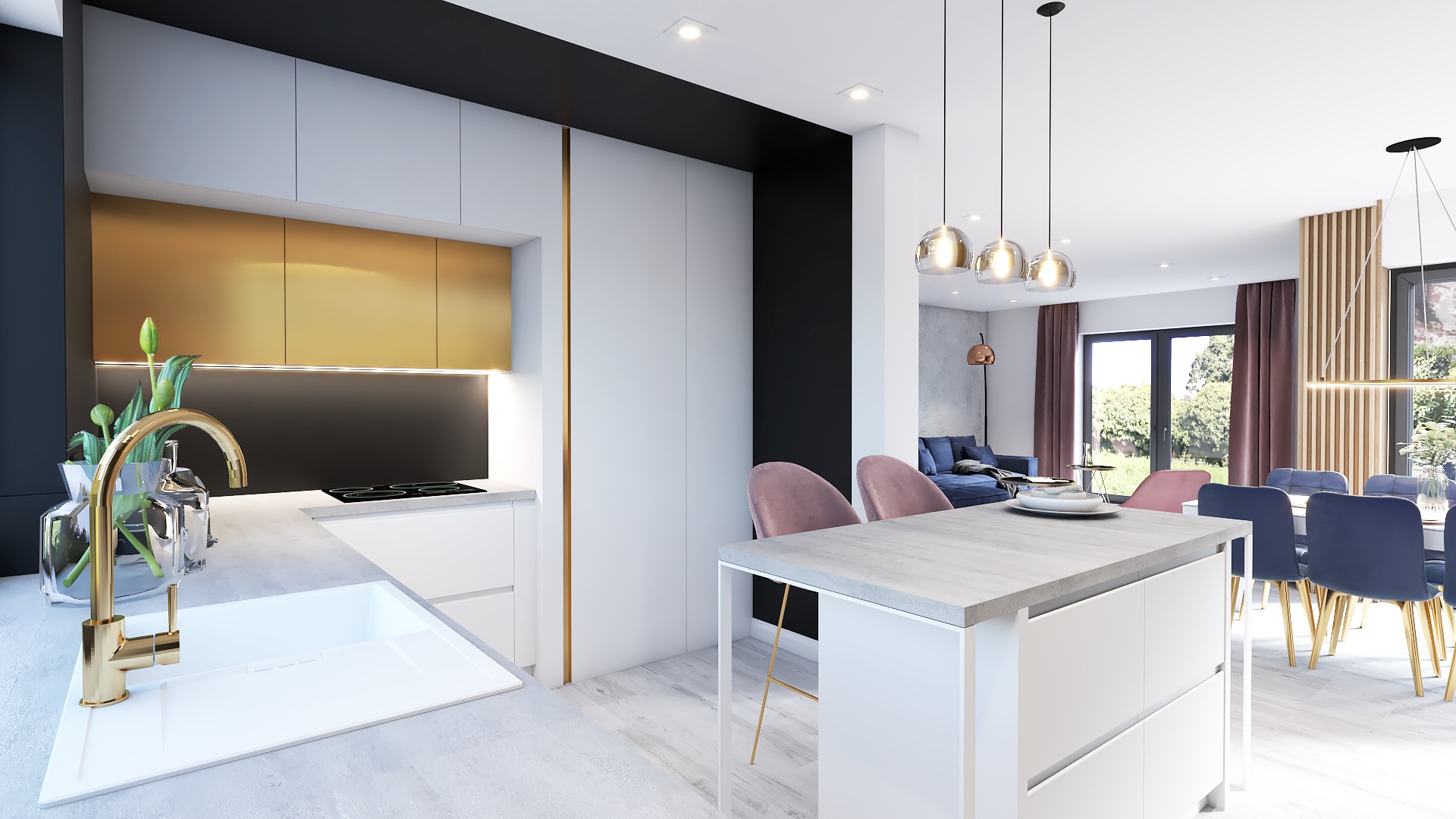 Nowoczesna kuchnia z białymi szafkami, złotymi akcentami i wyspą z szarym blatem. Złota bateria przy zlewozmywaku i kwiaty w wazonie dodają elegancji. W tle widoczny salon z niebieską sofą.