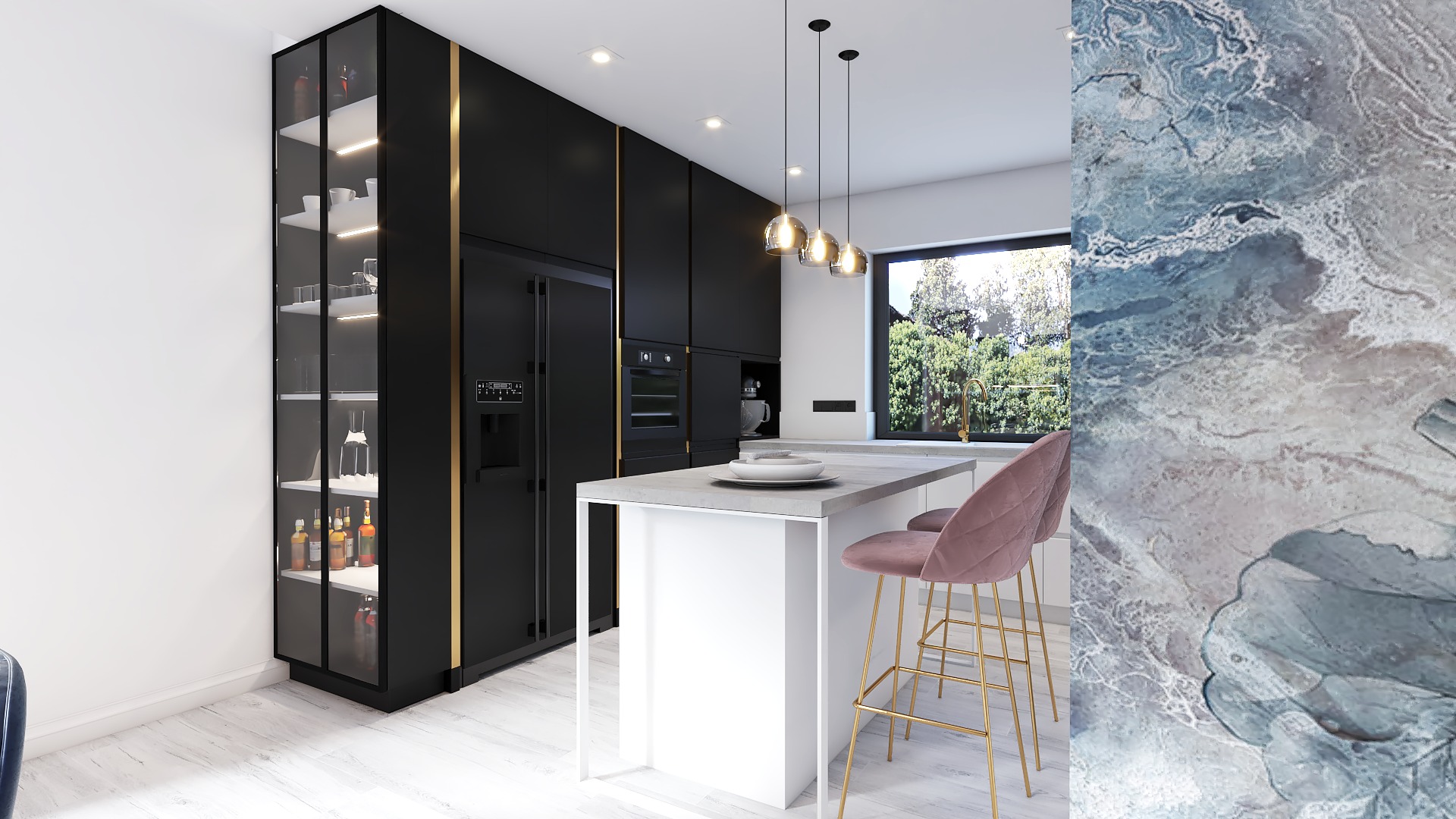 Nowoczesna kuchnia w czerni z elementami złota: wysoka zabudowa z przeszkloną witryną, wyspa z blatem imitującym beton, aksamitne hokery na złotych nóżkach i dekoracyjna tapeta w tle.