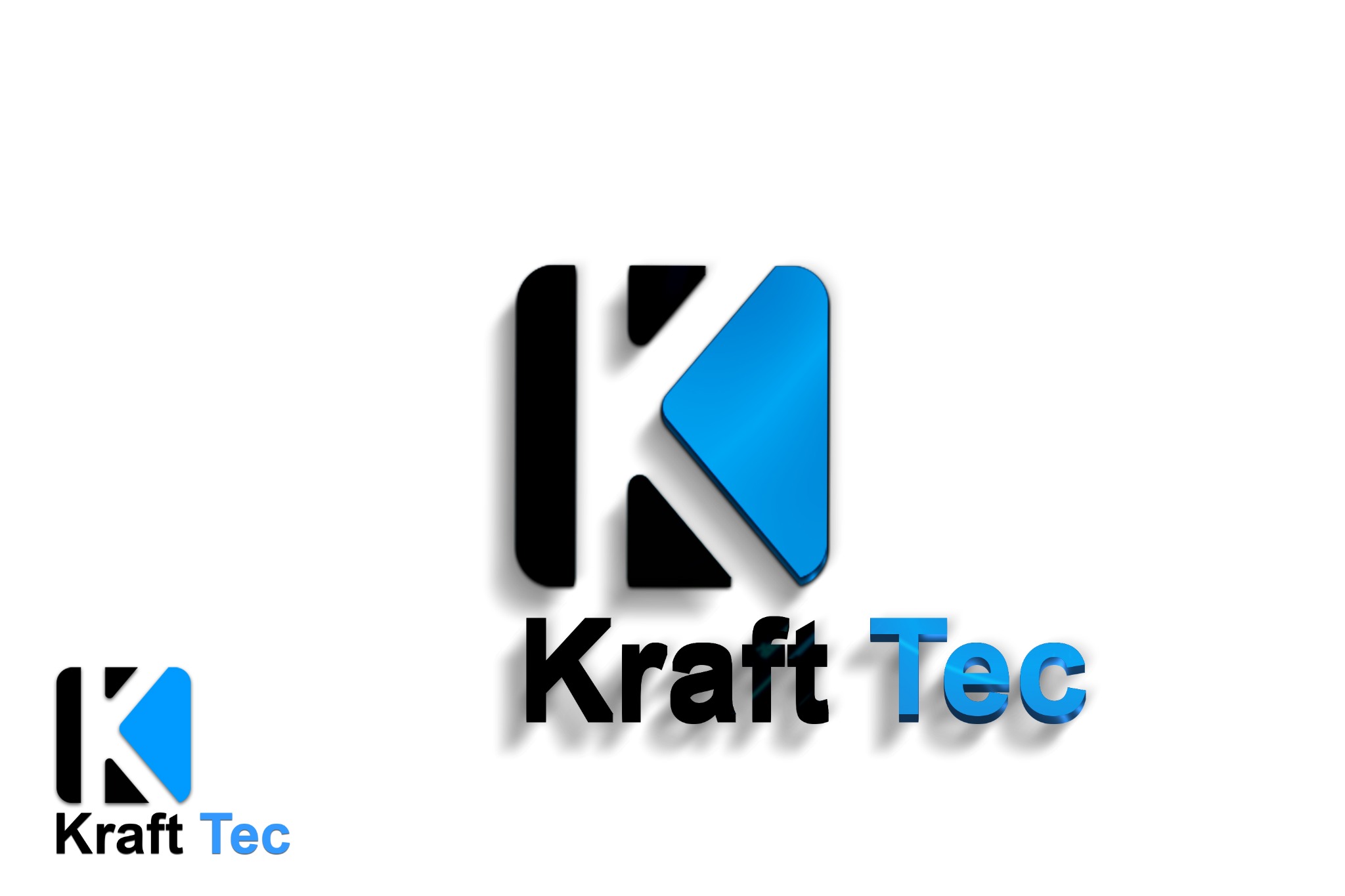 Logo firmy Kraft Tec z stylizowaną literą K w czerni i błękicie na białym tle, z wyraźnym cieniem 3D.