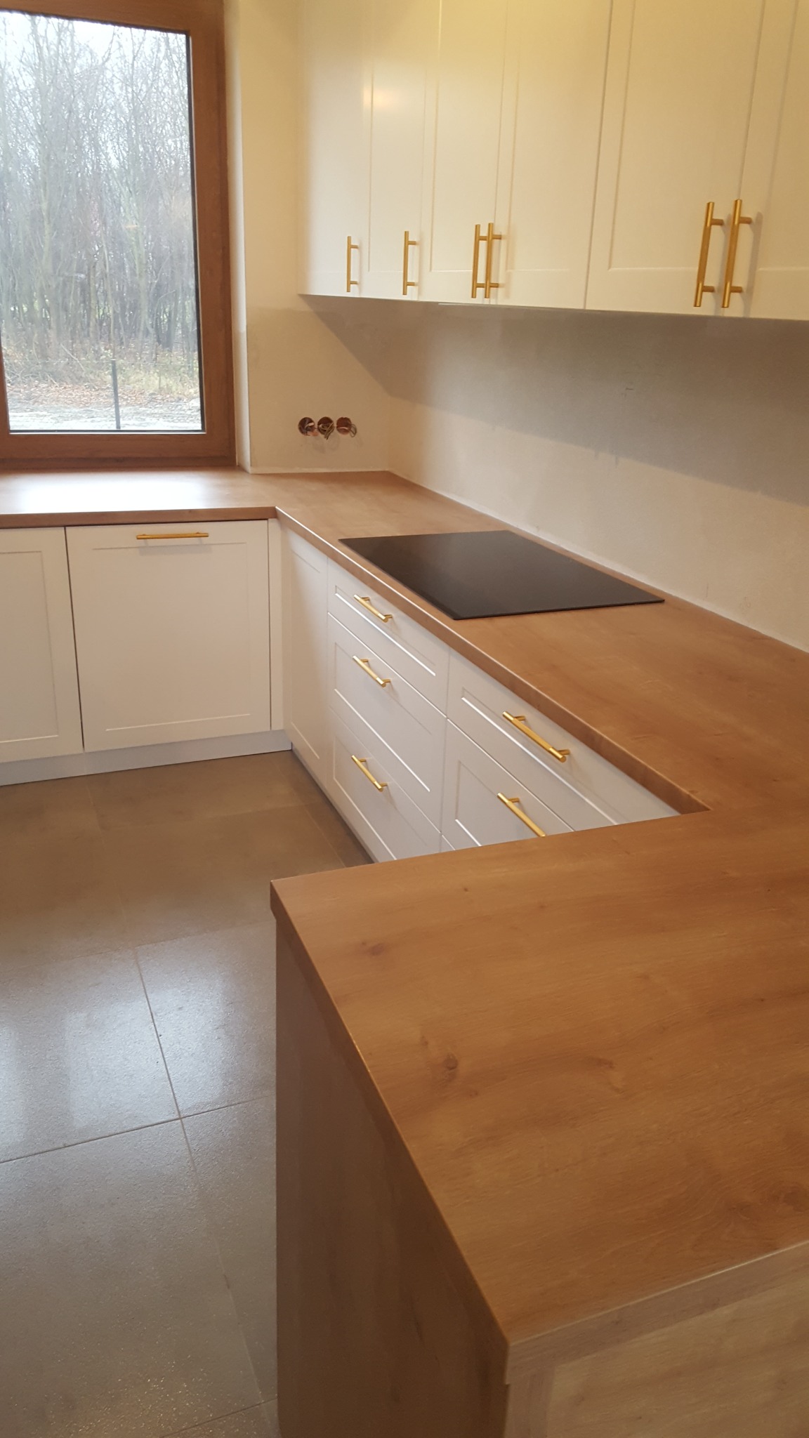 Białe szafki kuchenne z drewnianym blatem i złotymi uchwytami, płyta indukcyjna wkomponowana w blat, widok na okno z pochmurną pogodą na zewnątrz.
