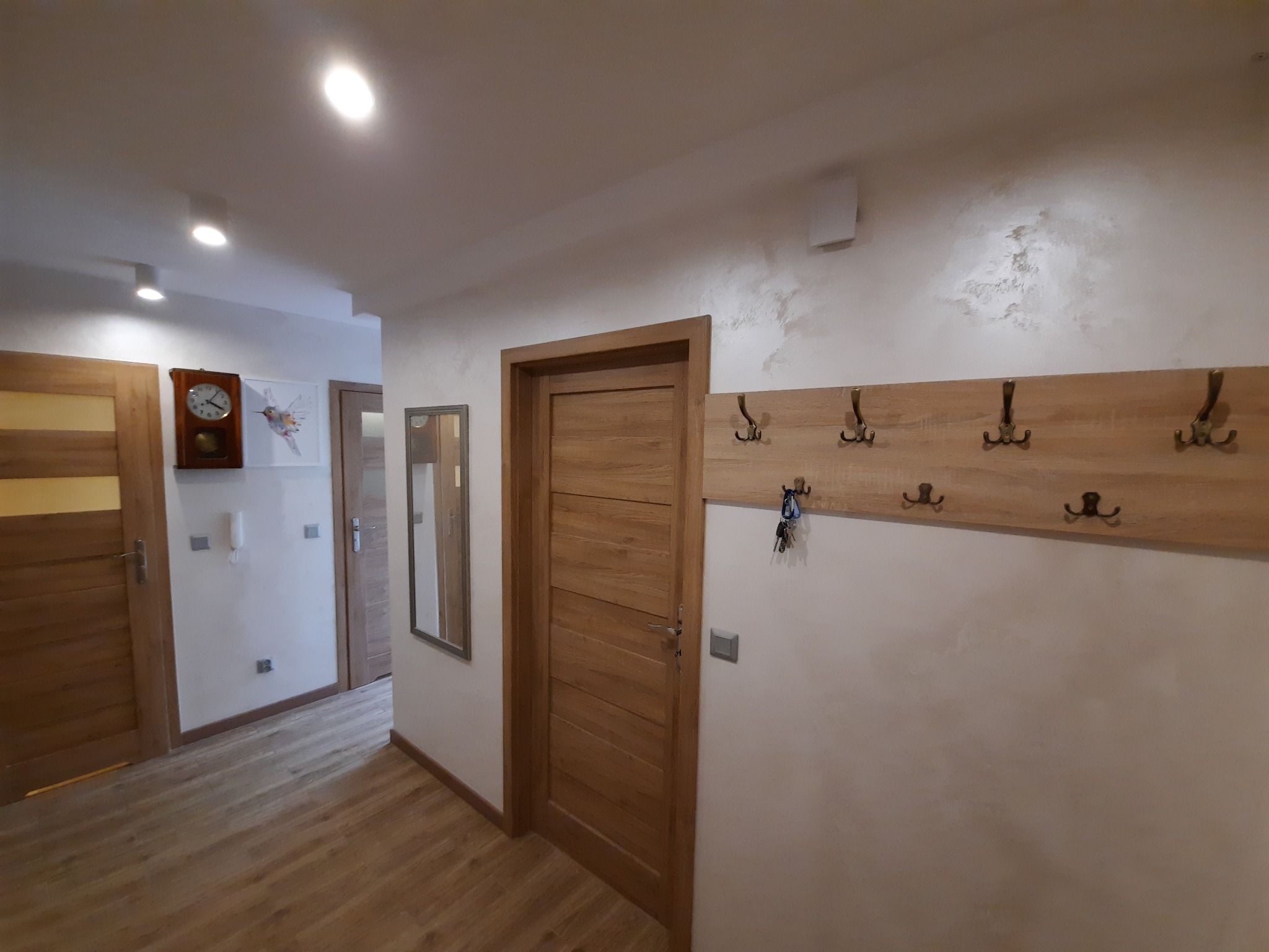 Wnętrze przedpokoju z drewnianą podłogą, drzwiami i wieszakiem na ubrania z kluczami.