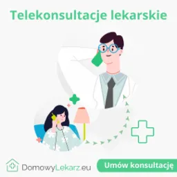 Ilustracja przedstawiająca telekonsultacje lekarskie: kobieta i mężczyzna rozmawiający przez telefon, z logotypem DomowyLekarz.eu i przyciskiem 'Umów konsultację'.