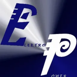 Logo firmy Elektro Power z stylizowanymi literami E i P na niebiesko-srebrnym tle z efektem promieni.