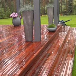 Mokra, drewniana konstrukcja tarasu w Gdańsku, po deszczu, z dekoracyjnymi donicami i widokiem na leżaki oraz drzewa w tle.