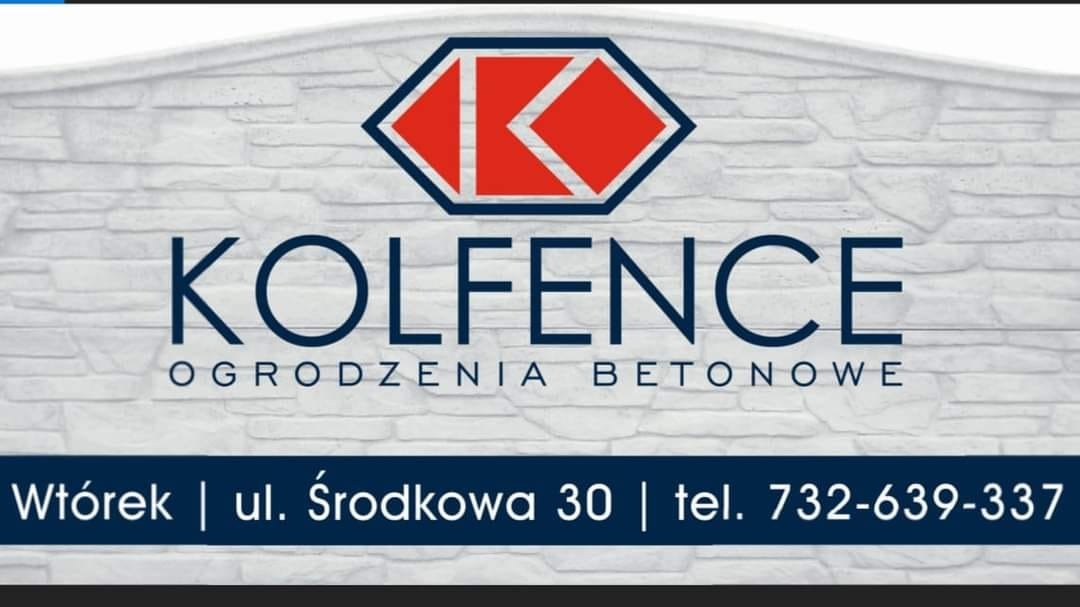 Tablica reklamowa firmy Kolfence z logo i adresem, prezentująca ofertę w zakresie ogrodzeń betonowych.