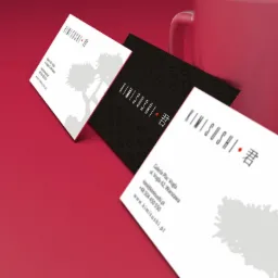 Trzy wizytówki Kimisushi na czerwonym tle, z różnymi wzorami: biała z szarym drzewkiem, czarna z wzorem rolek sushi, i biała z szarym drzewkiem, obok różowego kubka.