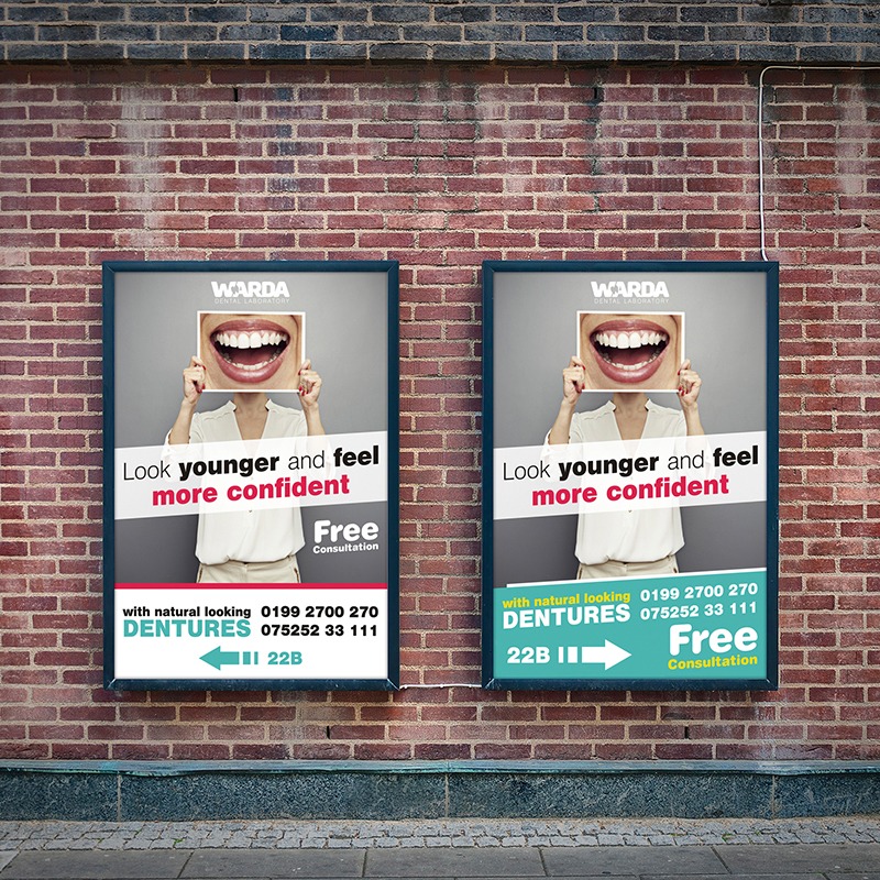Dwa plakaty reklamowe na ceglanej ścianie promujące gabinet stomatologiczny, ukazujące kobietę zasłaniającą twarz zdjęciem uśmiechu i hasłem 'Look younger and feel more confident'.