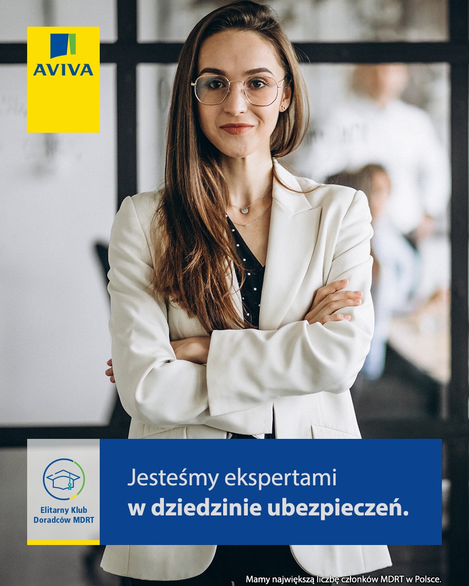 Profesjonalny portret kobiety w okularach i białym żakiecie na tle biura, z logo firmy ubezpieczeniowej Aviva w lewym górnym rogu i hasłem 'Jesteśmy ekspertami w dziedzinie ubezpieczeń' w dolnej...