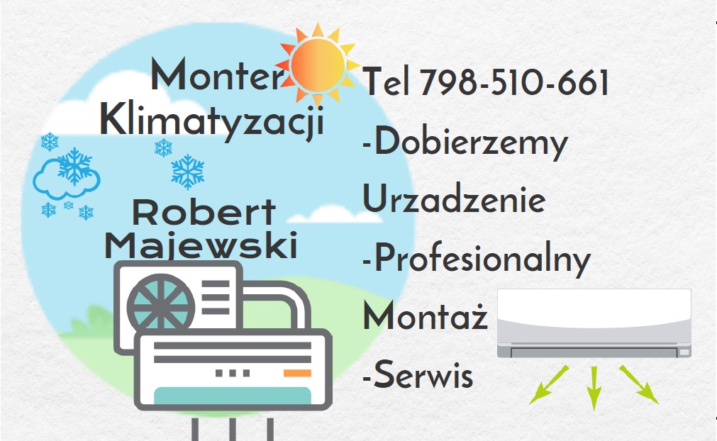 Grafika reklamowa firmy Robert Majewski, montera klimatyzacji, z numerem telefonu i ofertą obejmującą dobór, montaż i serwis urządzeń, na tle stylizowanego nieba ze słońcem i chmurami z płatkami...