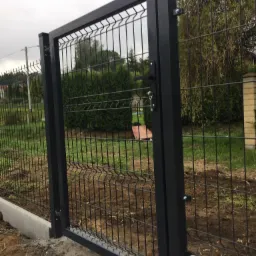 Nowo zamontowana, czarna, metalowa brama panelowa z zamkiem i klamką, widoczna na tle zielonego ogrodu i nieba z chmurami.