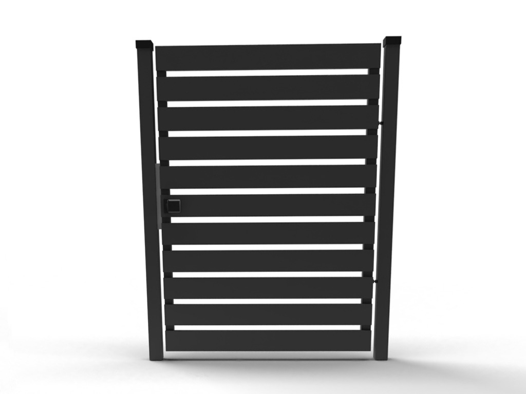 Wizualizacja 3D nowoczesnej, czarnej bramy z poziomych profili, widok frontalny na białym tle.