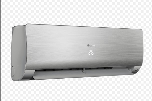 Szary klimatyzator marki Haier z wyświetlaczem temperatury 26 stopni Celsjusza, umieszczony na przezroczystym tle.