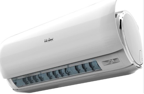 Biała jednostka wewnętrzna klimatyzacji Haier z widocznymi żaluzjami i srebrnym akcentem na boku.