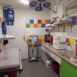 Wnętrze gabinetu weterynaryjnego z kolorowymi płytkami na ścianach, wyposażonego w stół operacyjny, lampę zabiegową i sprzęt medyczny, w tym respirator i mikroskop.