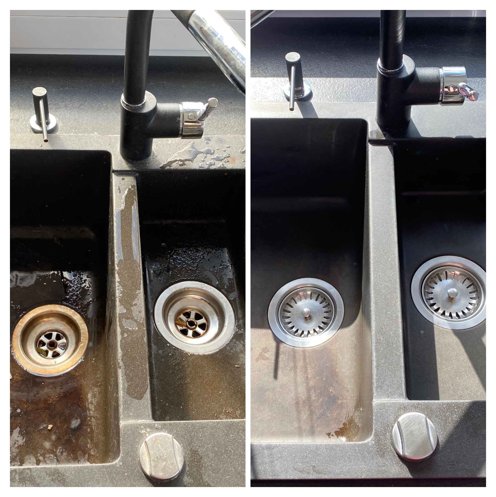 Porównanie stanu zlewozmywaka przed i po czyszczeniu: po lewej brudny z resztkami, po prawej lśniący czystością, z widoczną różnicą w kolorze i fakturze powierzchni.