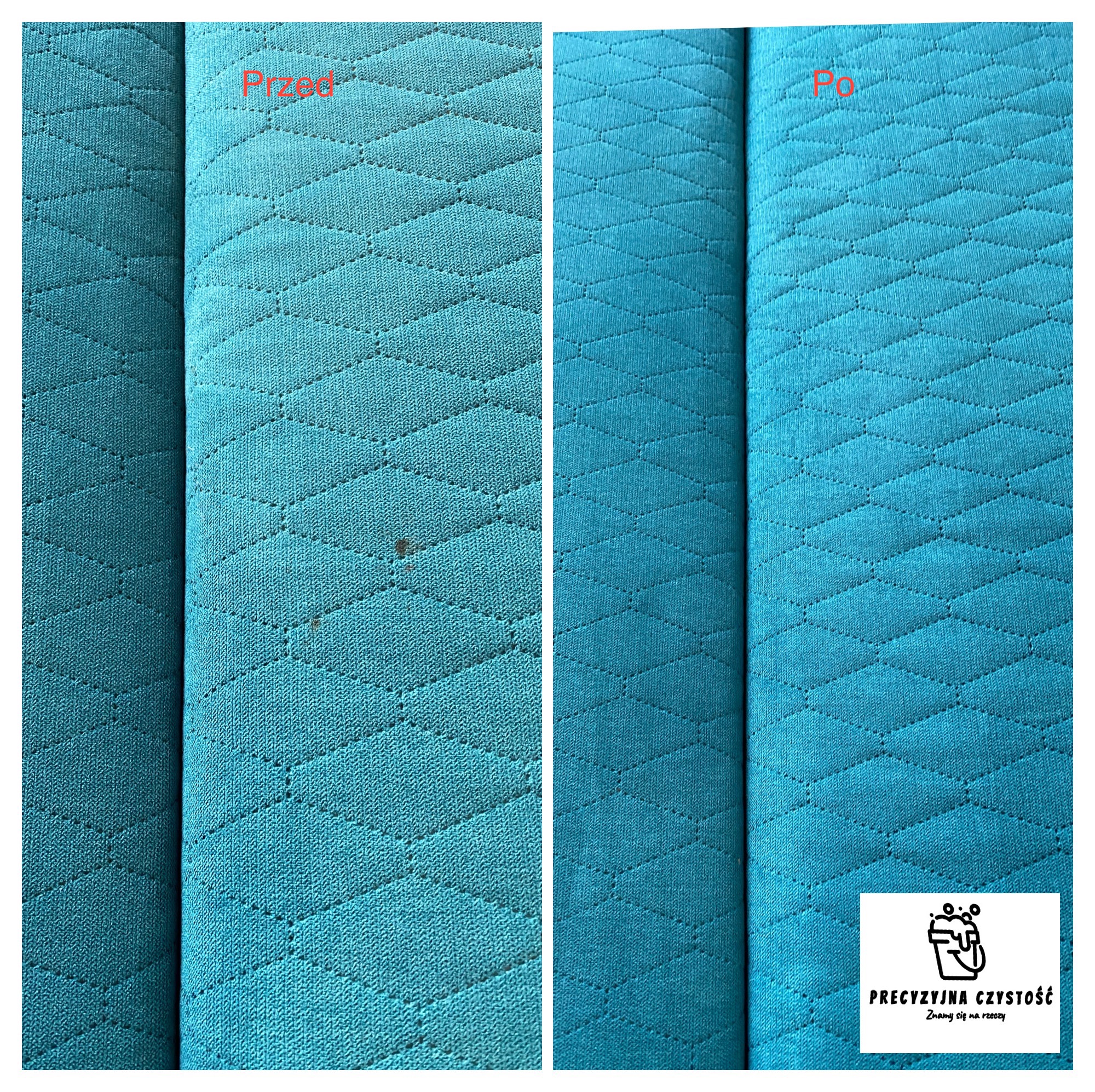 Porównanie czystości turkusowej kanapy przed i po praniu, widoczne usunięcie plamy, obok logo firmy świadczącej usługę.