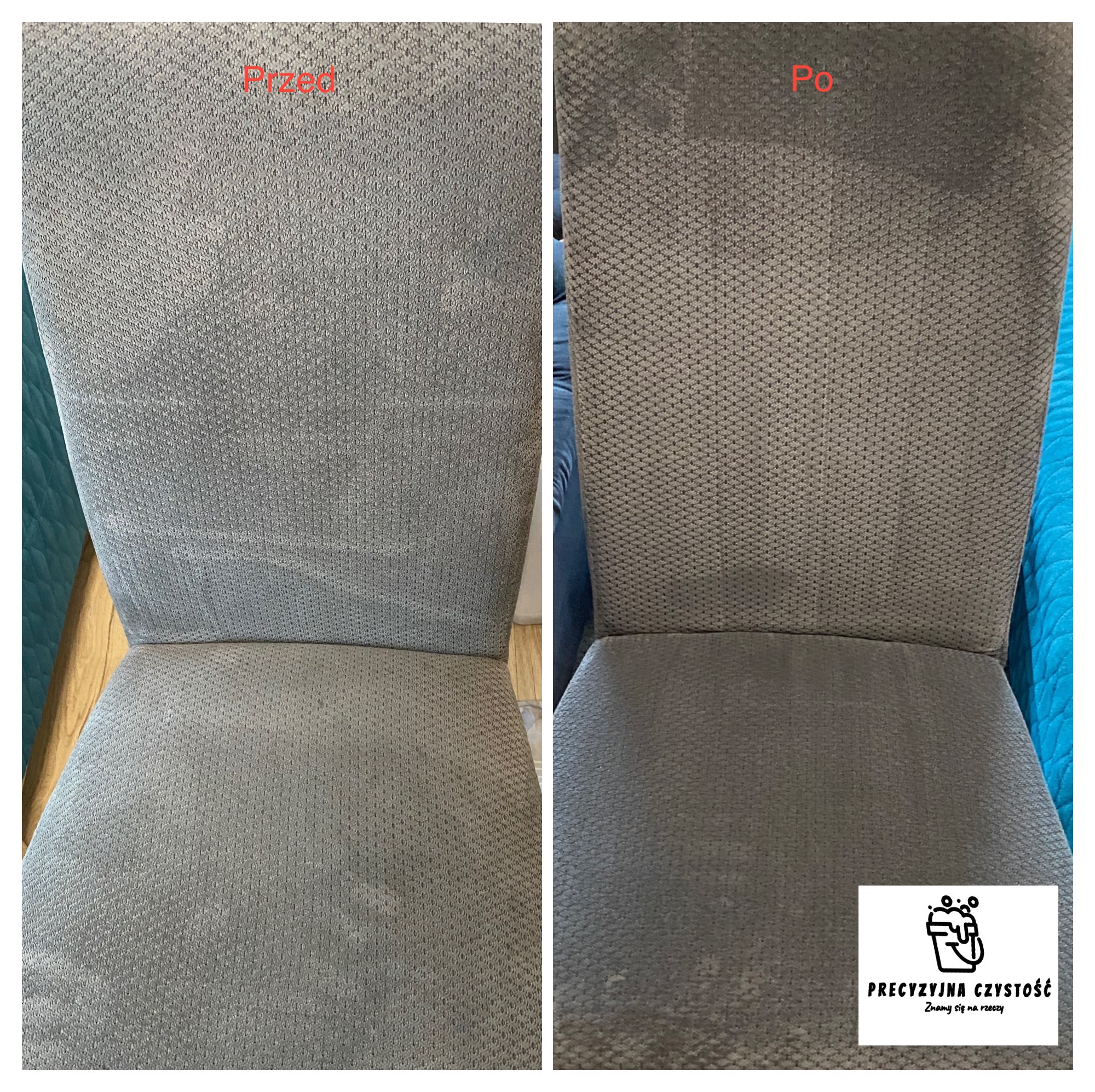 Krzesło tapicerowane z widoczną różnicą przed i po czyszczeniu, z wyraźnym efektem odświeżenia i usunięcia zabrudzeń, obok logo firmy czyszczącej.