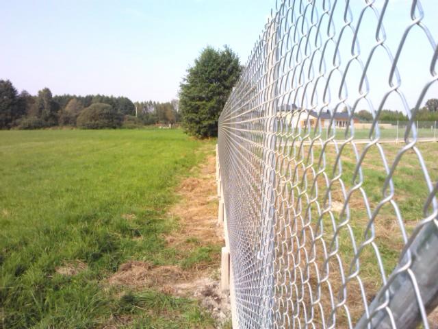 Długi fragment metalowej siatki ogrodzeniowej, rozciągający się wzdłuż granicy trawnika i pola, z drzewami w tle. Widok z bliska, ukazujący strukturę siatki.