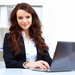 Uśmiechnięta kobieta w czarnej marynarce i białej koszuli, siedząca przy biurku i pracująca na laptopie w jasnym biurze z białymi regałami w tle.