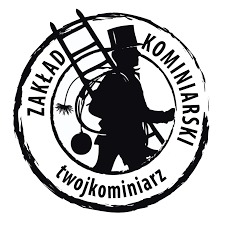 Czarno-białe logo Zakładu Kominiarskiego „twojkominiarz” w okręgu. Sylwetka kominiarza z drabiną i szczotką kominiarską. Styl retro.