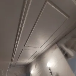 Pomieszczenie w trakcie prac, sufit z dekoracyjną sztukaterią, zabezpieczony folią malarską, widoczna lampa robocza.