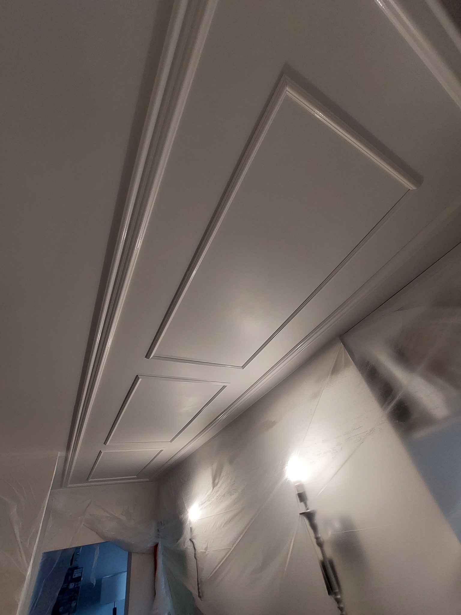 Pomieszczenie w trakcie prac, sufit z dekoracyjną sztukaterią, zabezpieczony folią malarską, widoczna lampa robocza.