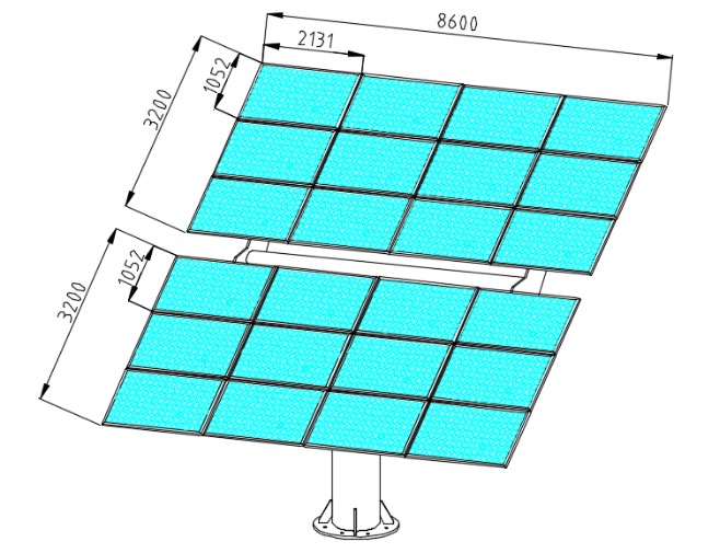 Schemat techniczny dwupłaszczyznowego systemu paneli słonecznych z wymiarami 8600x3200x2131x1052 mm, umieszczonego na pojedynczym słupie.