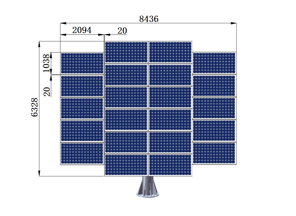 Schemat instalacji paneli słonecznych z naniesionymi wymiarami w milimetrach.