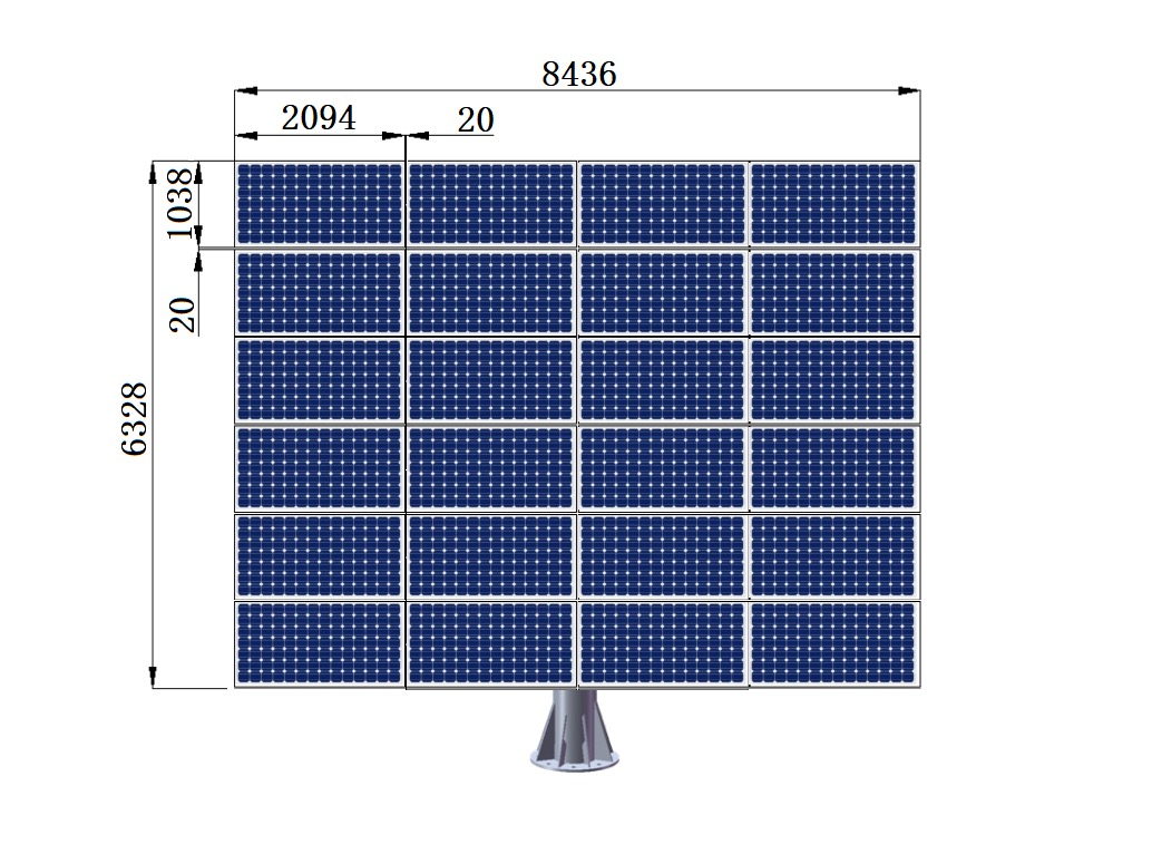 Schemat instalacji paneli fotowoltaicznych z wymiarami w milimetrach, oferowany przez firmę z Starych Bielic.
