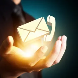 Dłoń trzymająca podświetlone ikony koperty i słuchawki telefonicznej na ciemnym tle.
