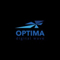 Niebieskie logo firmy Optima Digital Wave na czarnym tle, przedstawiające stylizowaną falę i nazwę firmy.