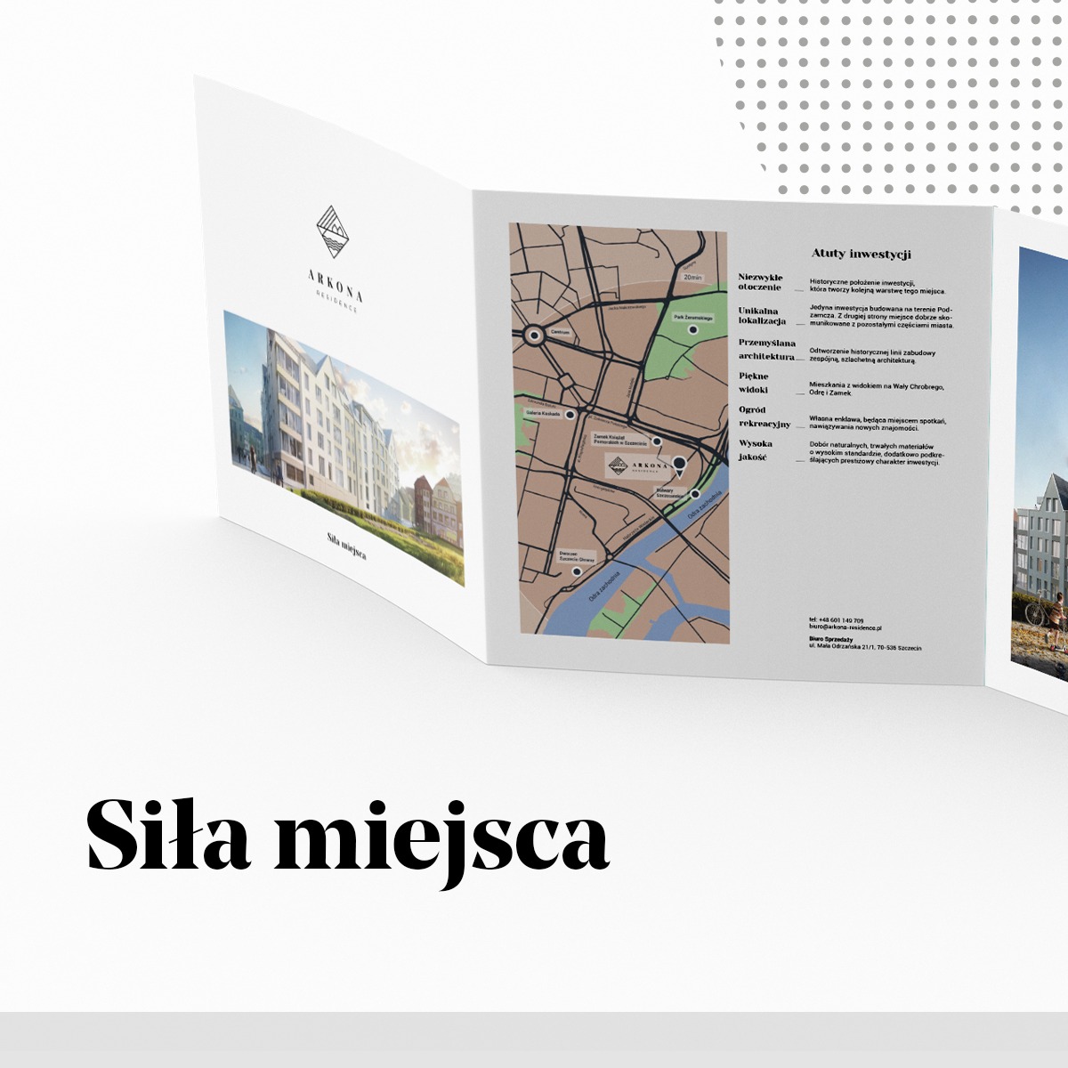 Rozkładana broszura reklamowa z wizualizacją nowoczesnego budynku mieszkalnego Arkona Residence, mapą lokalizacji i atutami inwestycji.