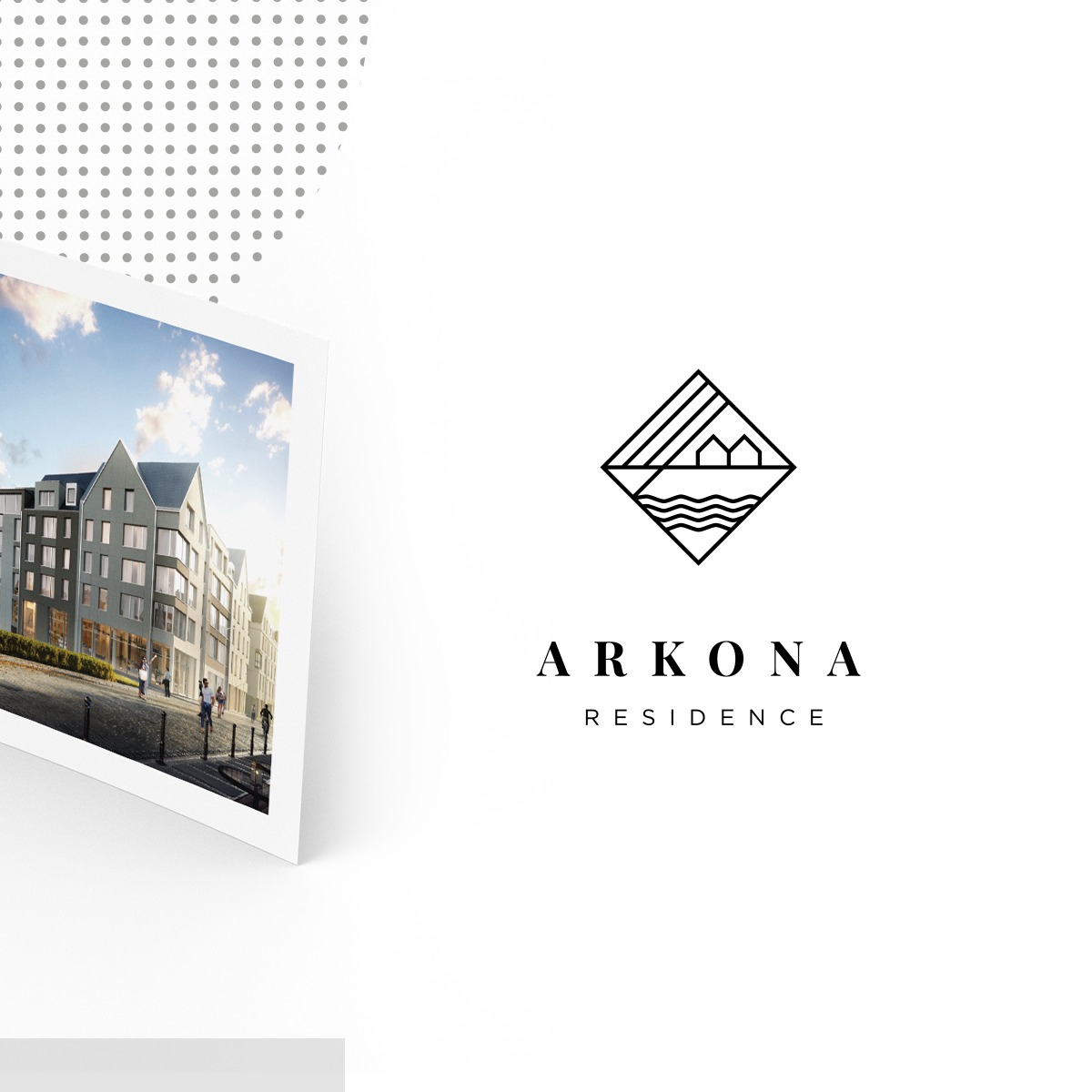 Prezentacja logo 'ARKONA Residence' z wizualizacją budynku mieszkalnego w tle, umieszczona na białym tle z elementami dekoracyjnymi.