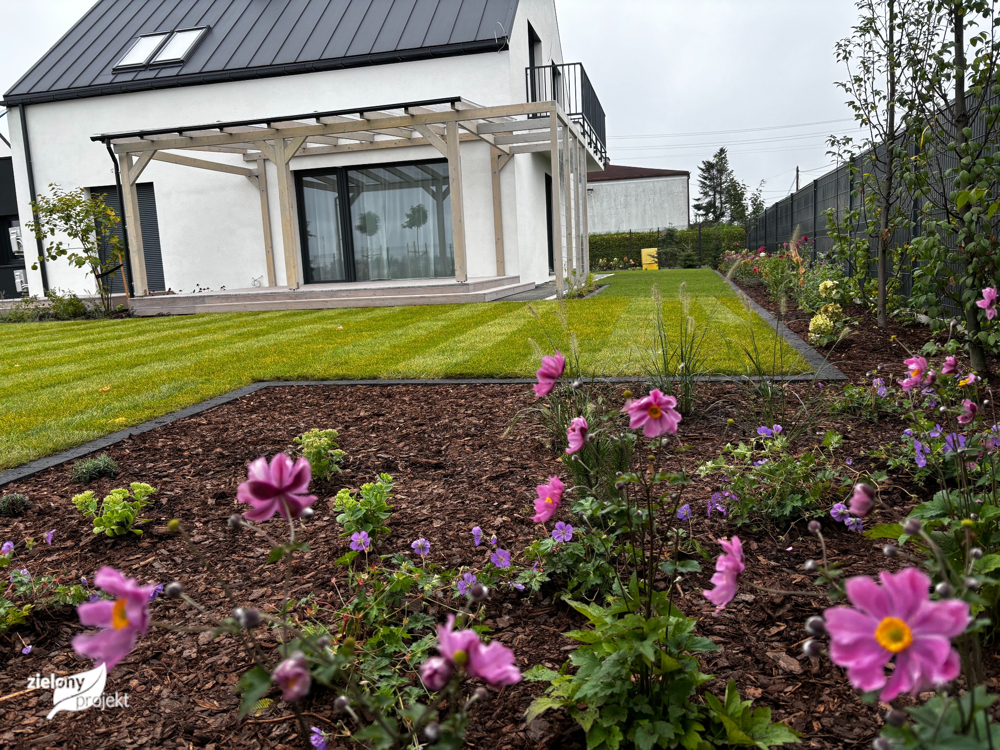 ogród nowoczesny z tarasem i zadaszeniem z drewna