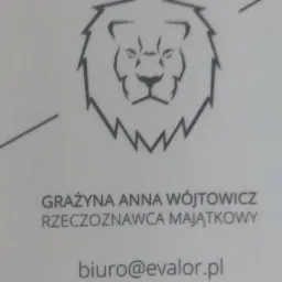Wizytówka rzeczoznawcy majątkowego z Krakowa, Grażyny Anny Wójtowicz, z graficznym logo lwa, adresem e-mail i numerem telefonu.