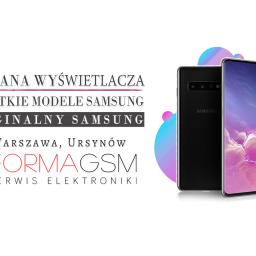 FormaGSM - Dwa telefony Samsung: jeden z widocznym ekranem, drugi z widocznymi obiektywami. Grafika informuje o wymianie wyświetlaczy we wszystkich modelach Samsung, z użyciem oryginalnych części. Lokalizacja...