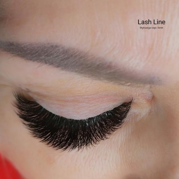 Zbliżenie na oko z przedłużonymi, gęstymi rzęsami w stylu volume, widoczna precyzyjna aplikacja, delikatny makijaż brwi, logo 'Lash Line' w prawym górnym rogu.
