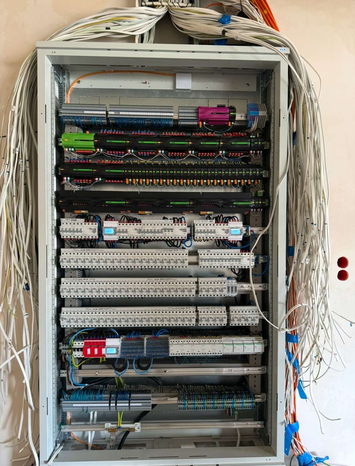 Rozdzielnica elektryczna w trakcie montażu, widoczne liczne przewody i elementy zabezpieczające, część przewodów ułożona w korytkach, pozostałe zwisają luźno, ściana w stanie surowym.