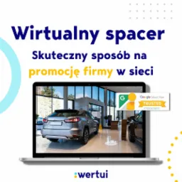 Laptop wyświetlający wirtualny spacer po salonie samochodowym, z certyfikatem Google Street View Trusted Photographer.